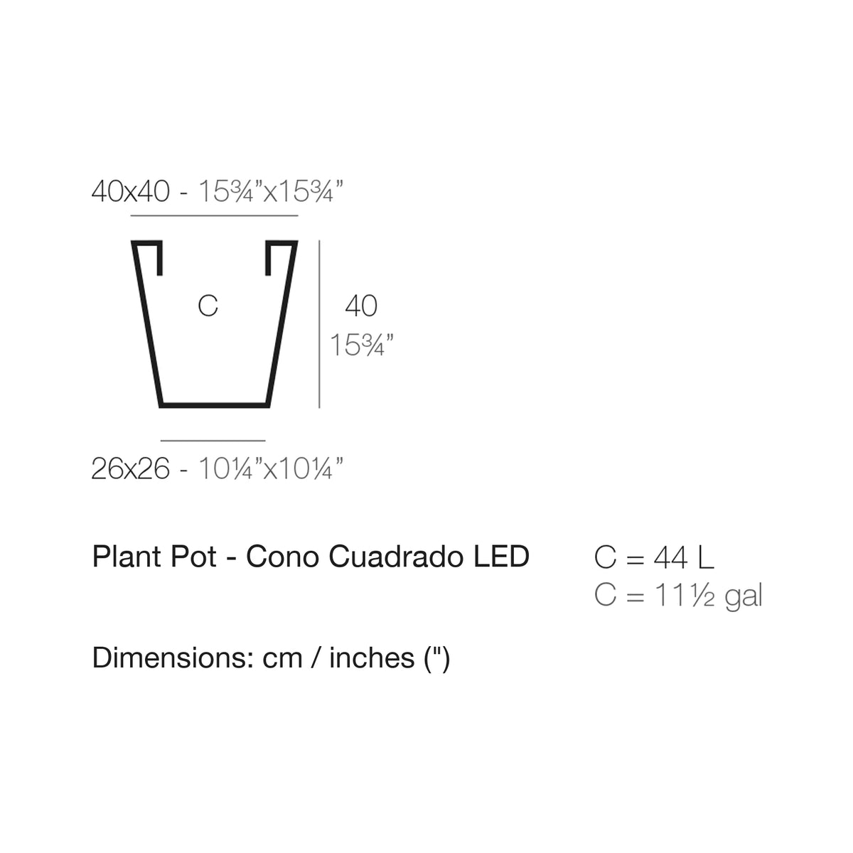 Dimension drawing Plant Pot - Cono Cuadrado LED