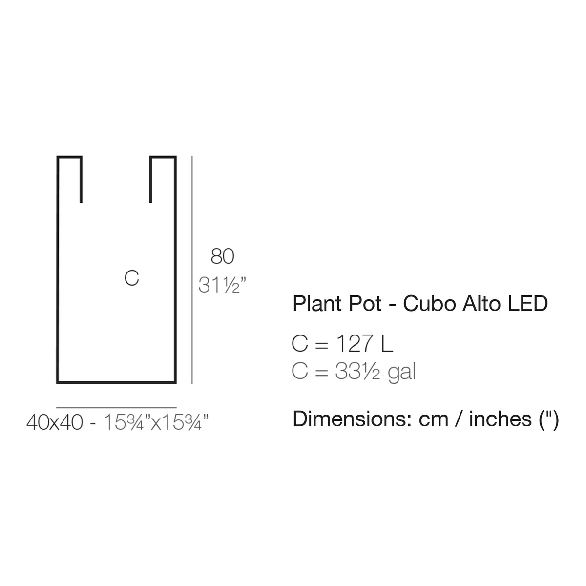 Dimension drawing Plant Pot - Cubo Alto LED