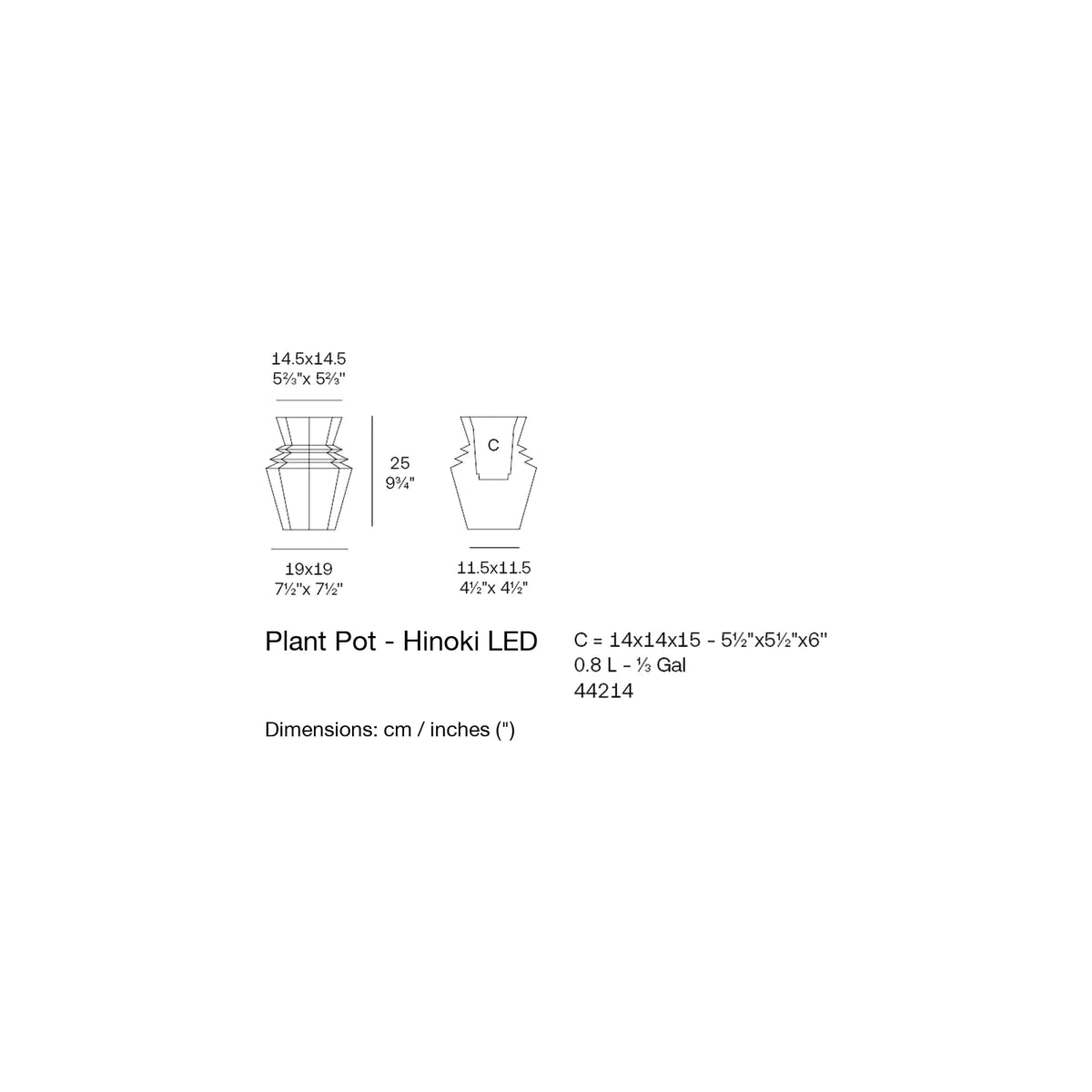 Dimension drawing Plant Pot - Hinoki LED