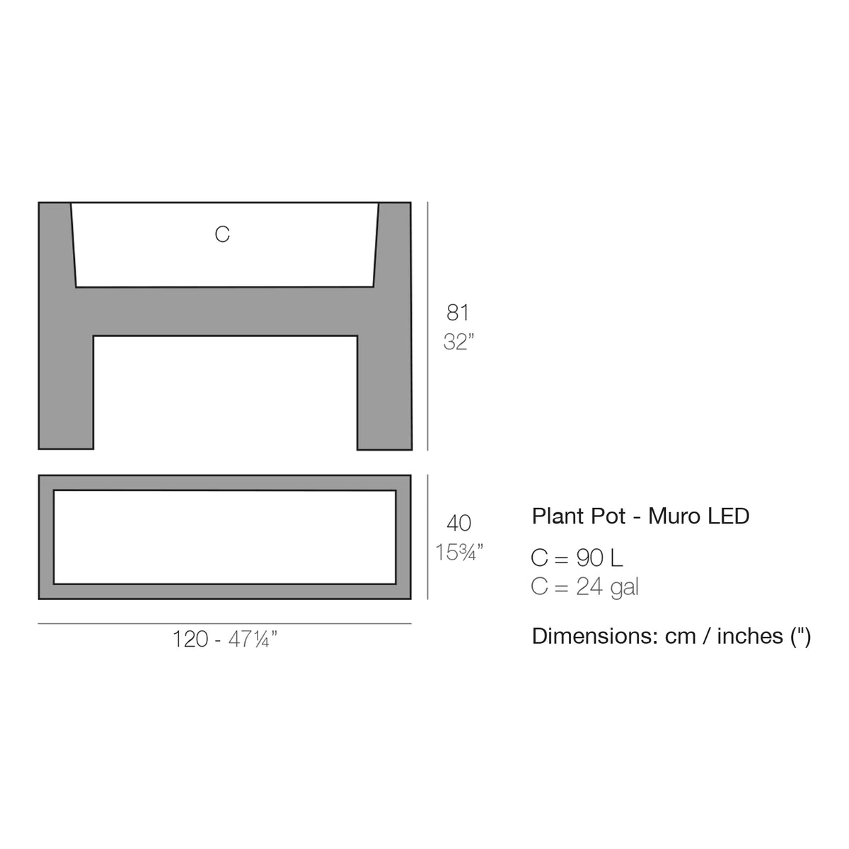Dimension drawing Plant Pot - Muro LED