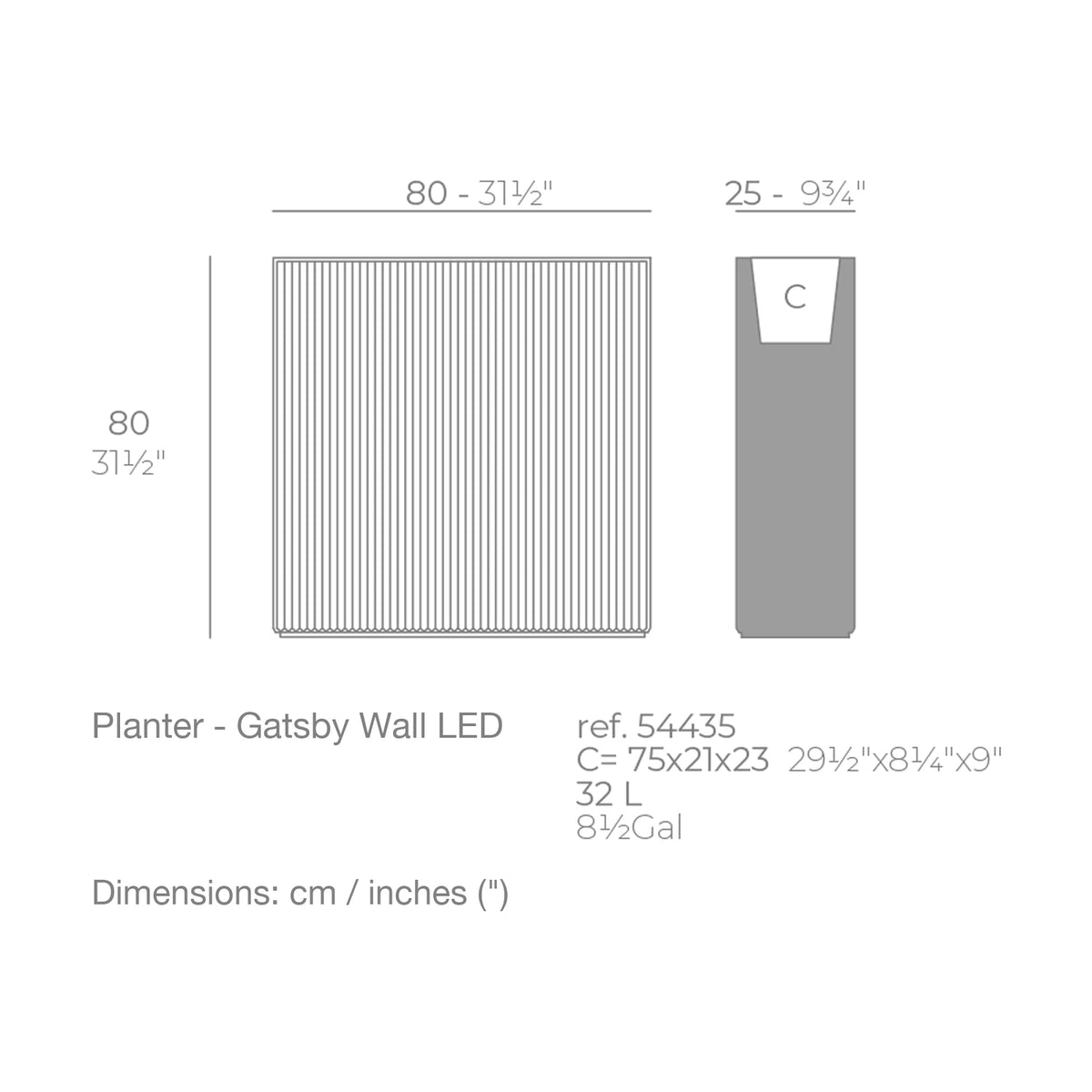 Dimension drawing Planter - Gatsby Wall LED
