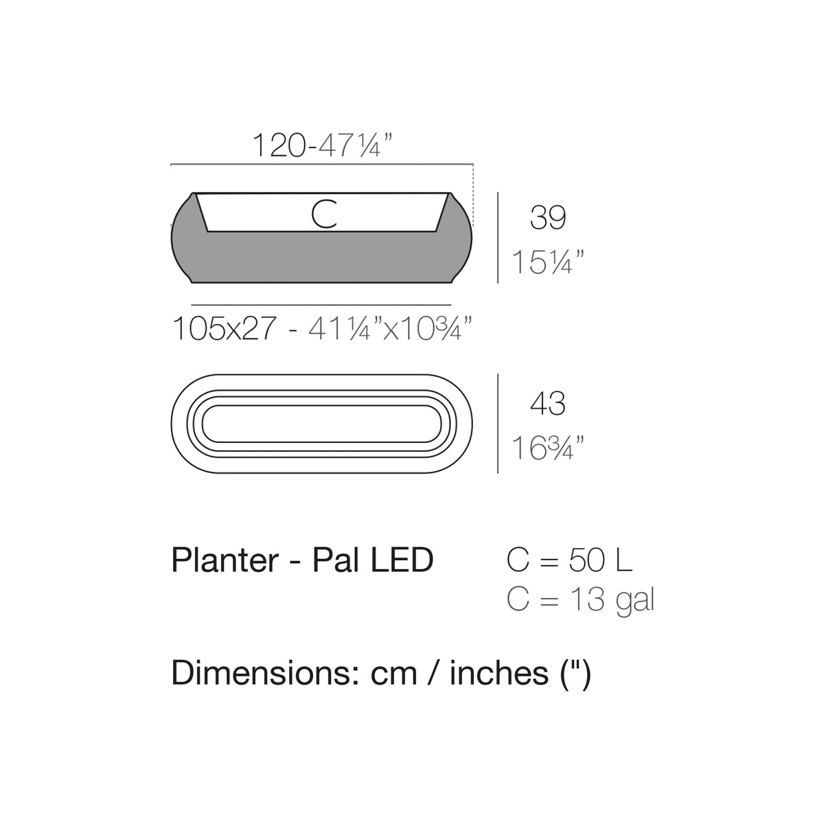 Dimension drawing Planter - Pal LED