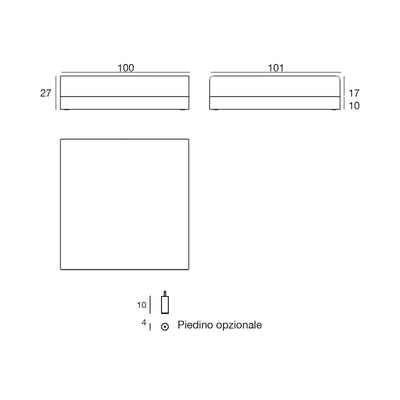 Disegno quotato del pouf Pixel Vondom, 100 × 101 × 27 cm, piedino opzionale