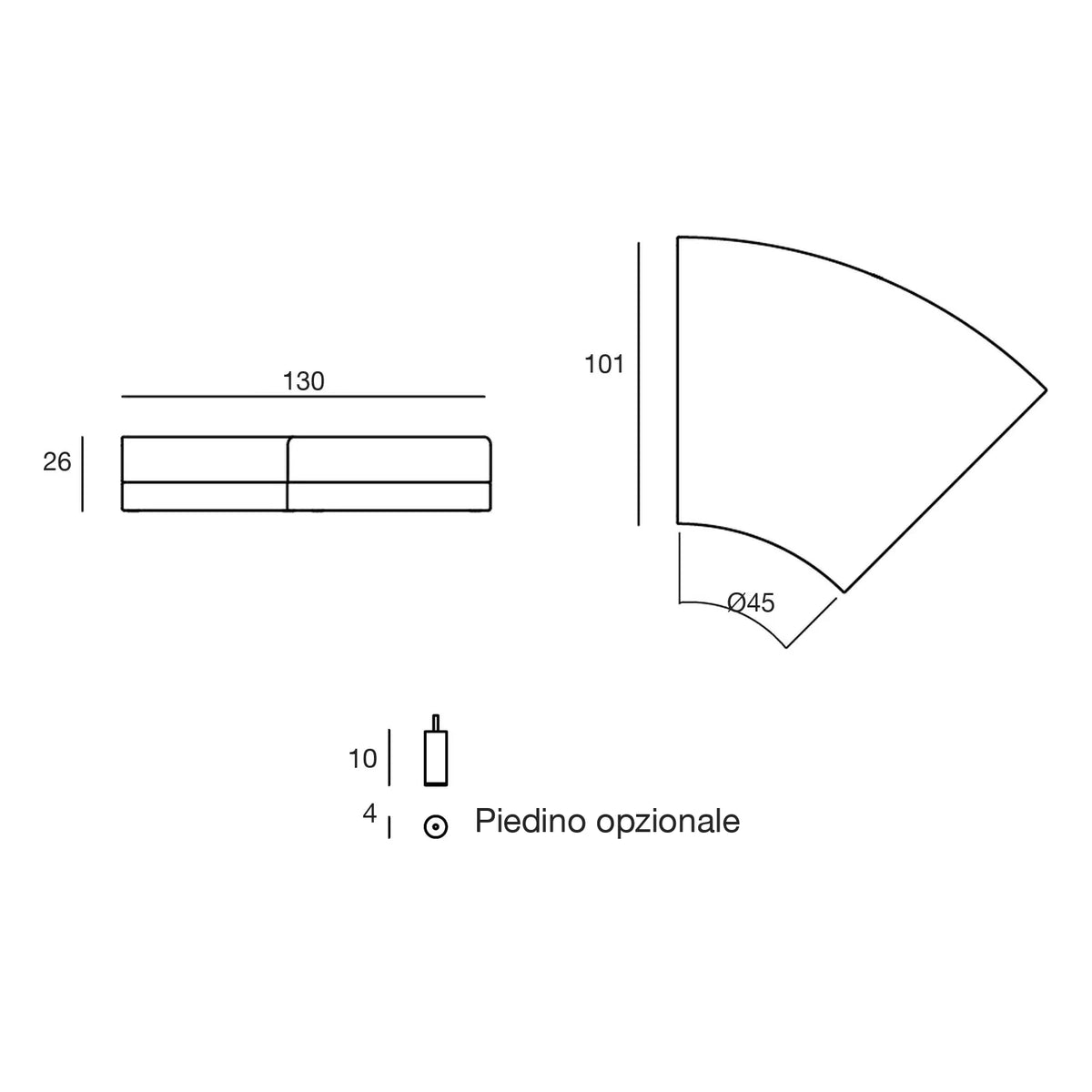 Disegno quotato del pouf Pixel Vondom, 45°, piedino opzionale