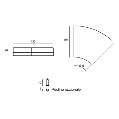 Disegno quotato del pouf Pixel Vondom, 45°, piedino opzionale