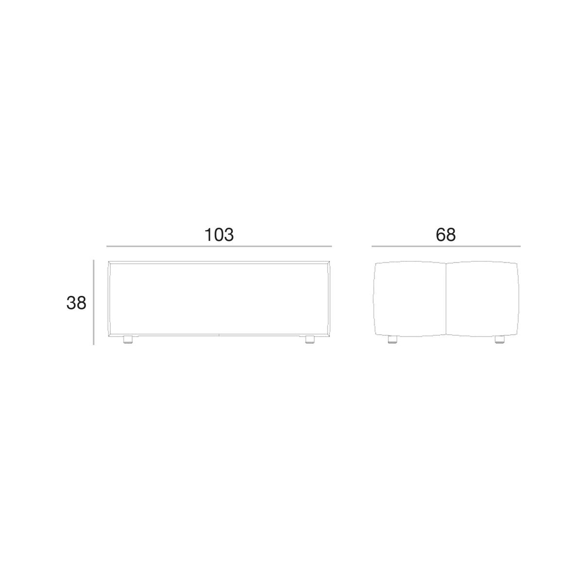 Schéma de dimensions du pouf Tablet 104 × 68 × 38 cm