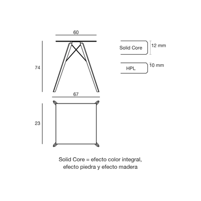 Plano con medidas de la mesa Faz Wood Vondom, cuadrada