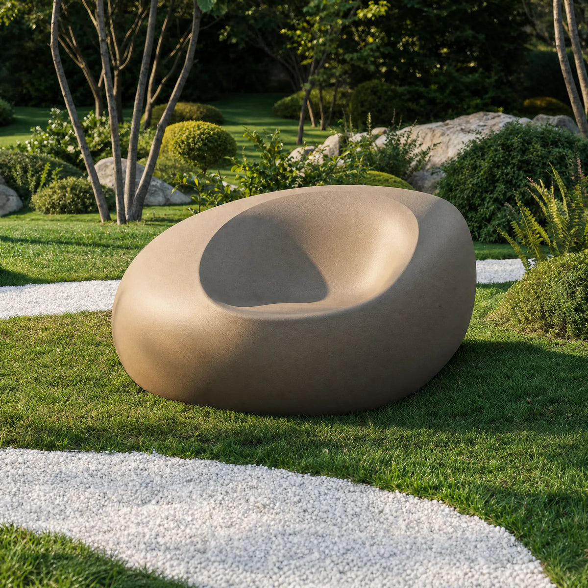 Fauteuil double Stone Vondom taupe vu de trois quarts sur l'herbe, entouré de buis