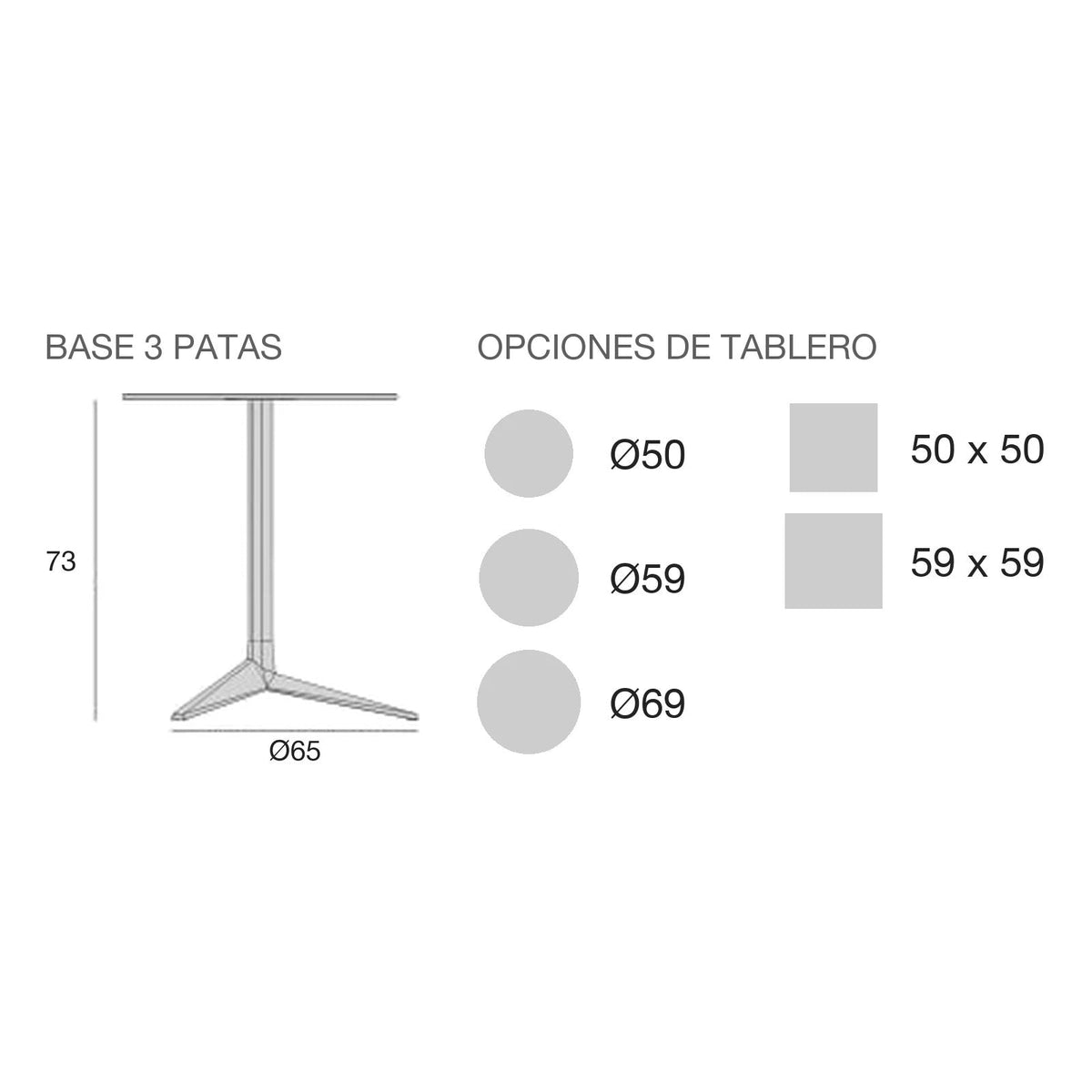 Plano con medidas de la mesa Faz Inox Vondom, cuadrada