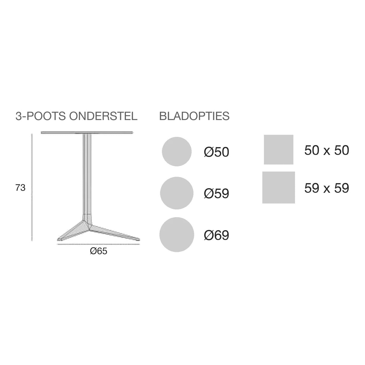 Maattekening Tafel - Faz Inox Vierkant - 3 poten vast blad