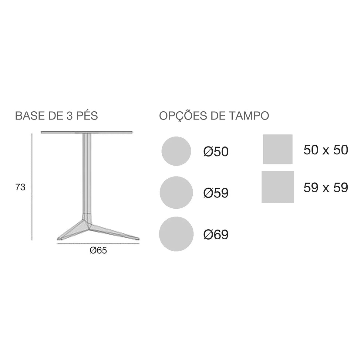 Desenho com medidas da mesa Faz Inox Vondom, quadrada