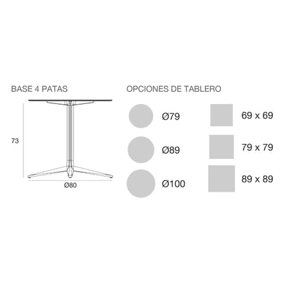 Plano con medidas de la mesa Faz Inox Vondom, redonda, 4 patas, tablero fijo