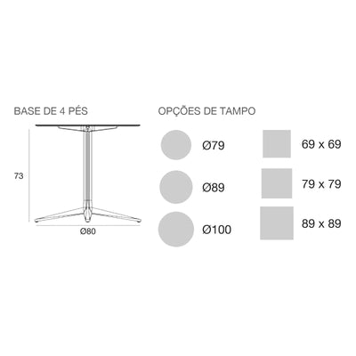 Desenho com medidas da mesa Faz Inox Vondom, redonda, 4 pés, tampo fixo