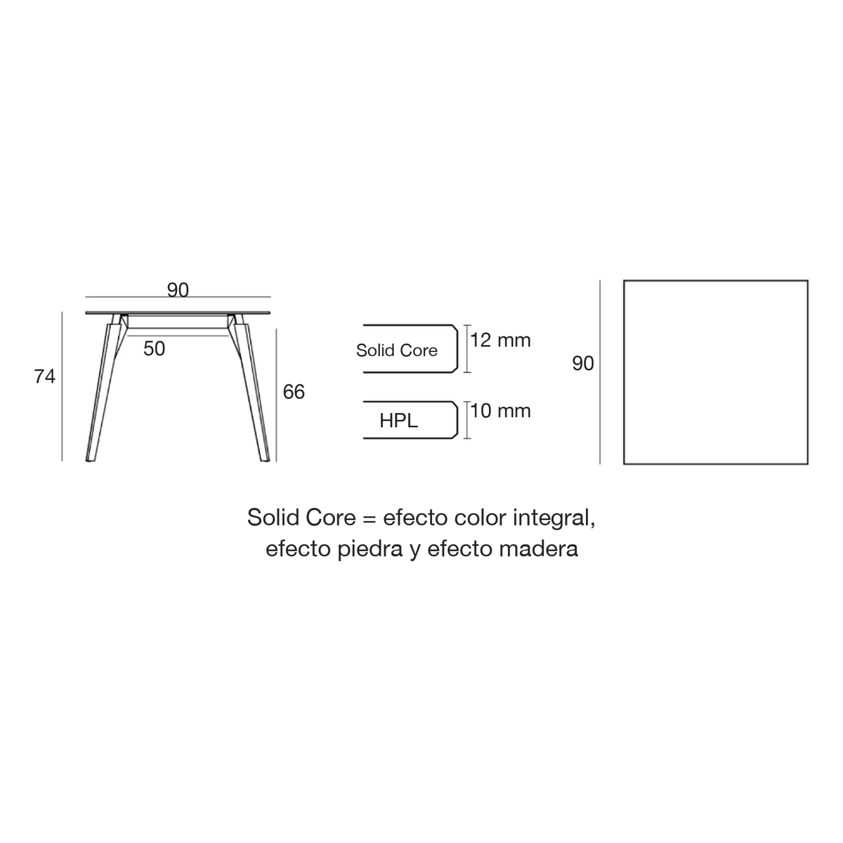 Plano con medidas de la mesa Faz Wood Vondom, 90 × 90 × 74 cm