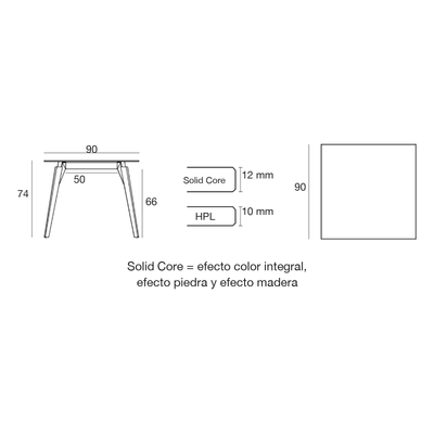 Plano con medidas de la mesa Faz Wood Vondom, 90 × 90 × 74 cm