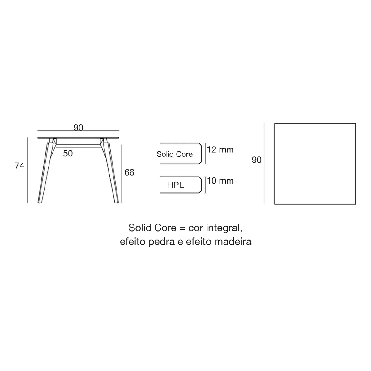 Desenho com medidas da mesa Faz Wood Vondom, 90 × 90 × 74 cm