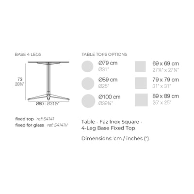 Dimension drawing Table - Faz Inox Square - 4-Leg Base Fixed Top