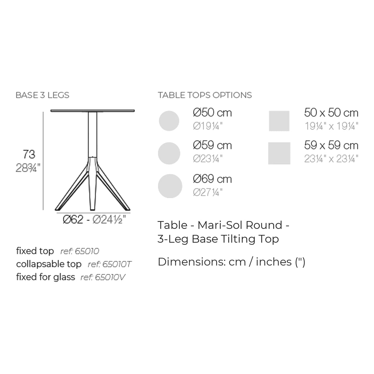 Dimension drawing Table - Mari-Sol Round - 3-Leg Base Tilting Top