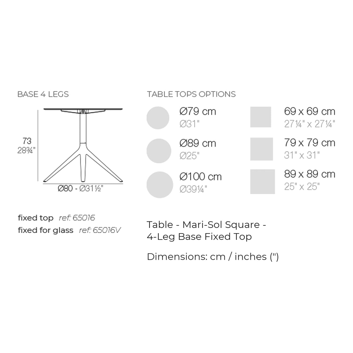 Dimension drawing Table - Mari-Sol Square - 4-Leg Base Fixed Top