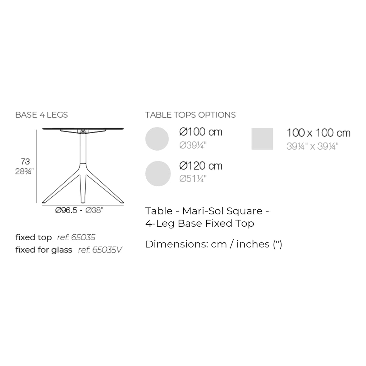 Dimension drawing Table - Mari-Sol Square - 4-Leg Base Fixed Top