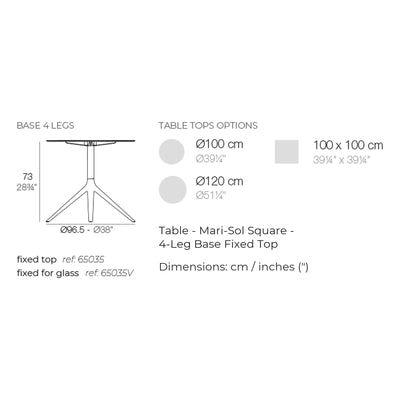 Dimension drawing Table - Mari-Sol Square - 4-Leg Base Fixed Top