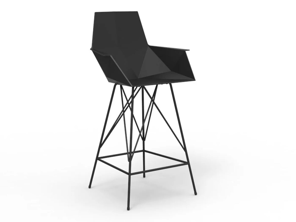 Tabouret de bar Faz Inox avec accoudoirs Vondom, hauteur d'assise 66 cm, dossier noir, piètement noir
