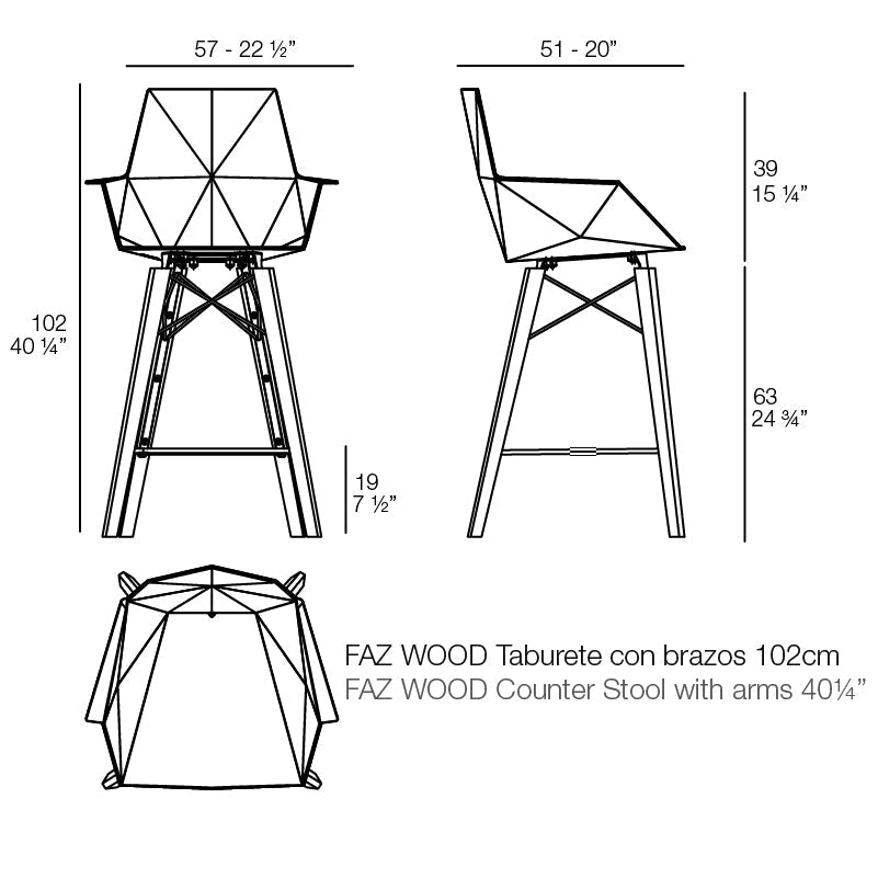 Tabouret de Bar Extérieur avec Accoudoir Hauteur d'assise 63 cm - Collection FAZ Wood Vondom