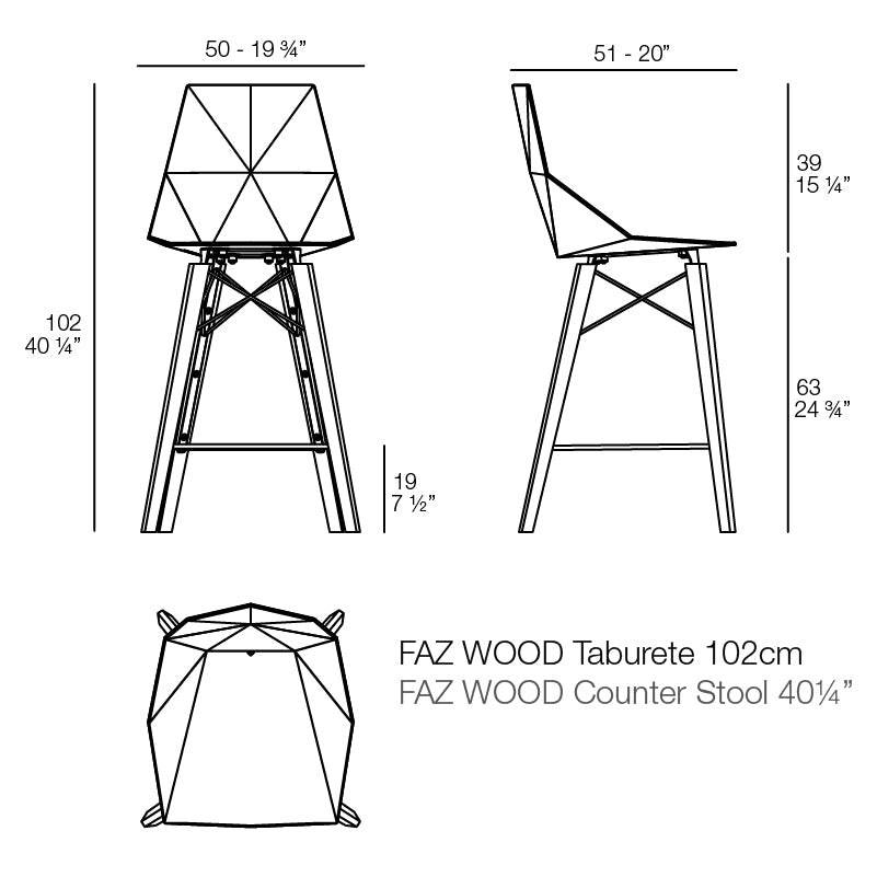 Tabouret de Bar Extérieur sans Accoudoir Hauteur d'assise 63 cm - Collection FAZ Wood Vondom