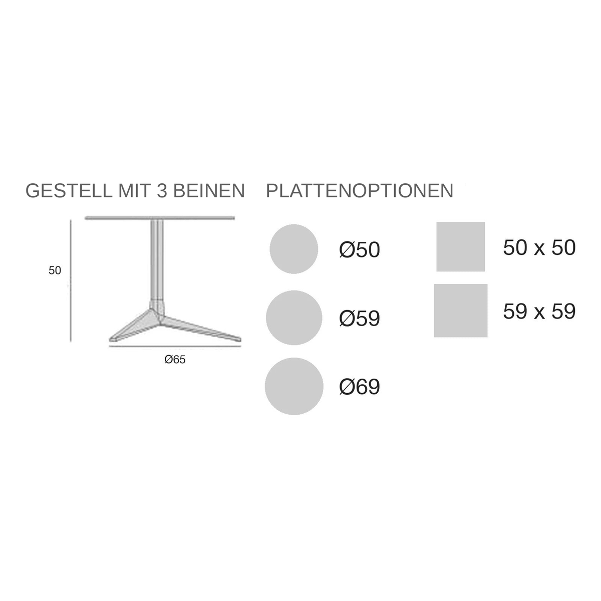 Maßzeichnung Beistelltisch - FAZ Inox Quadratisch - 3 Beine Feste Platte