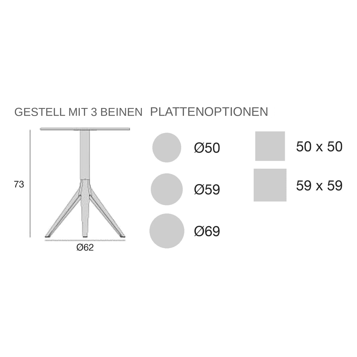 Maßzeichnung Bistrotisch - Mari-Sol Quadratisch - 3 Beine Feste Platte