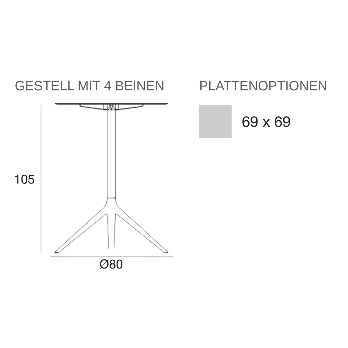 Maßzeichnung Stehtisch - Mari-Sol Quadratisch - 4 Beine Feste Platte