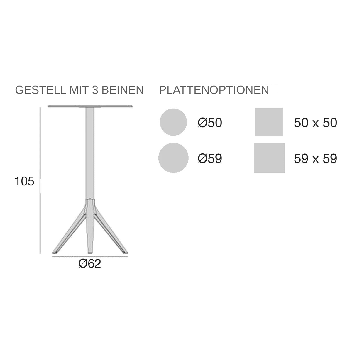 Maßzeichnung Stehtisch - Mari-Sol Quadratisch - 3 Beine Feste Platte