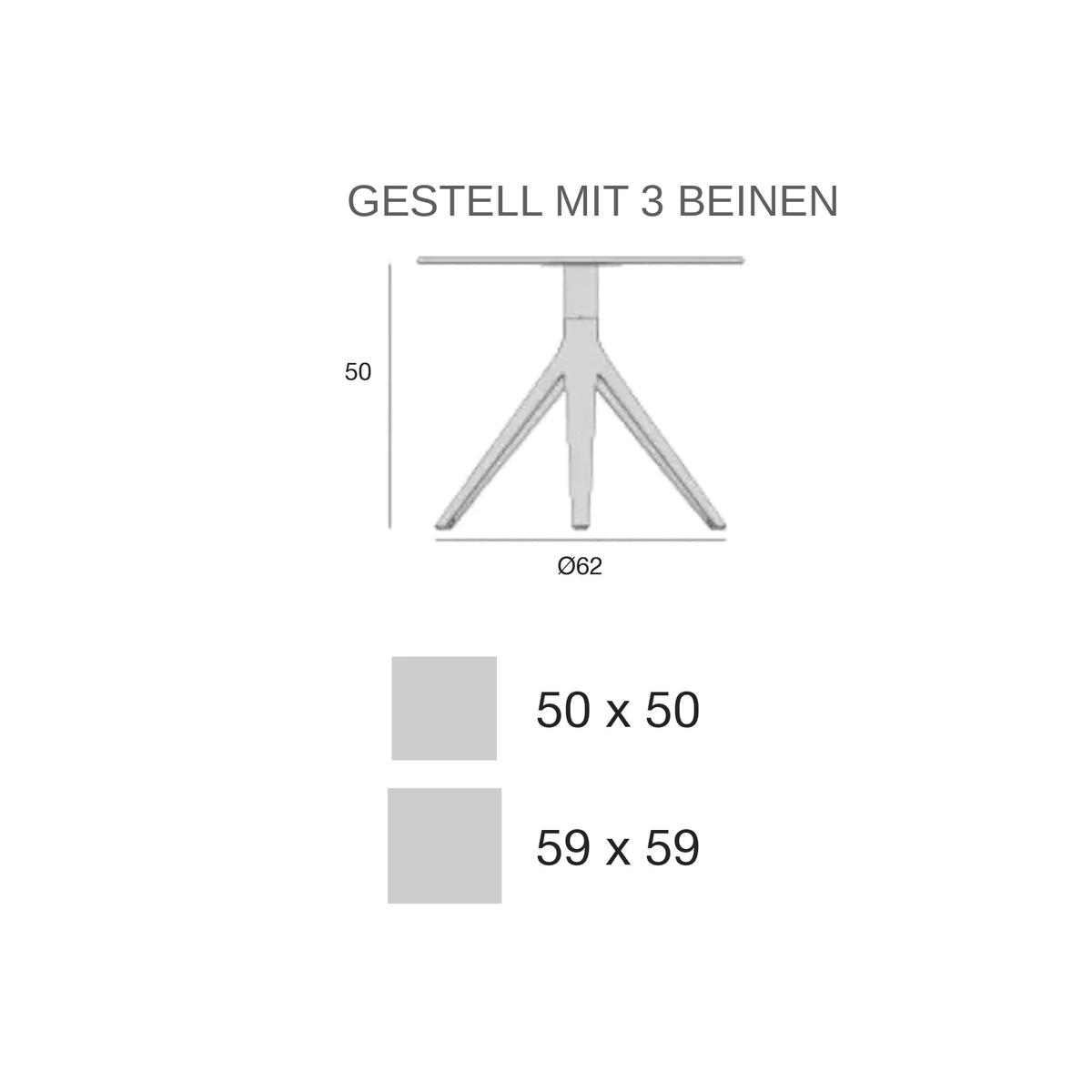 Maßzeichnung Beistelltisch - Mari-Sol Quadratisch - 3 Beine Feste Platte