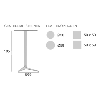 Maßzeichnung Stehtisch - Faz Inox Quadratisch - 3 Beine feste Platte